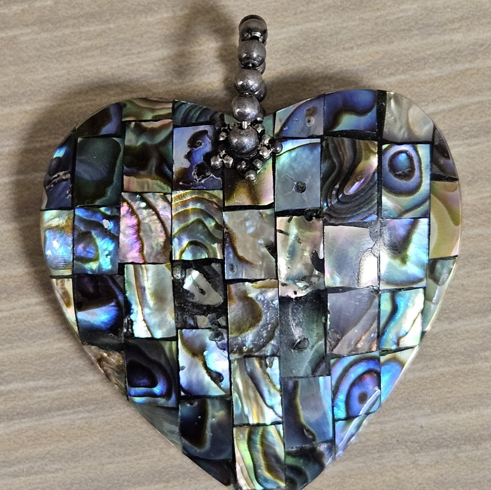 VINTAGE Sterling Silver Sally C Treasures Abalone Shell Reversible Heart Pendant